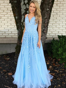 Sky Blue Long Prom Dresses A-line V-neck Lace Appliques Pageant Dress OP908