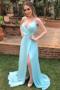 A-line V-neck Straps Mint Long Prom Dress with Criss-cross Back OP1007
