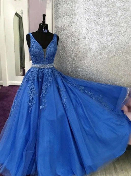 A-line V-neck Blue Long Prom Dress Appliques With Beading OP1000