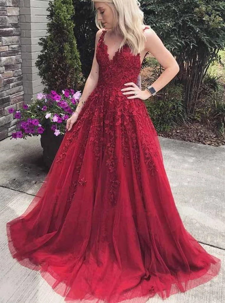 A Line V Neck Appliques Burgundy Prom Dresses, Tulle Long Evening Dres