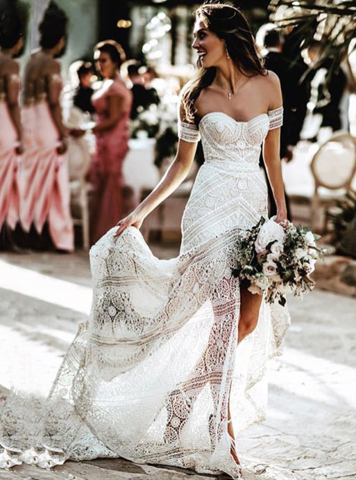 Ivory Sheath Lace Wedding Dresses Sweetheart Split Beach Bridal Dress OW513