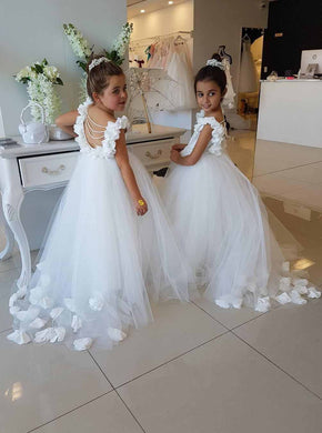 Princess Scoop Ruffles Tulle Flower Girl Dress Pearls Backless Birthday Party Dress OF129
