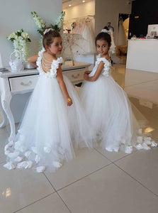 Princess Scoop Ruffles Tulle Flower Girl Dress Pearls Backless Birthday Party Dress OF129