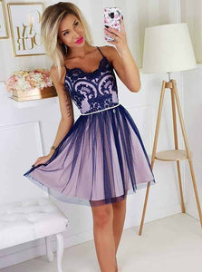 Spaghetti-straps Tulle Short Prom Dress Appliques Homecoming Dress OM371
