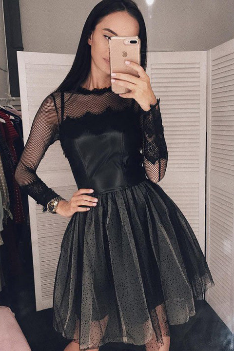 Black Short Homecoming Dress Long Sleeve Little Black Dress OM534
