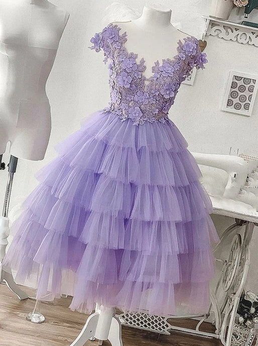 Tulle Applique Lilac Short Homecoming Dress, Princess Layered Sweet 16 Dress OM403