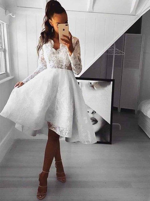 Lace Long Sleeves Short Prom Dress, Open Back Homecoming Party Dress OM411