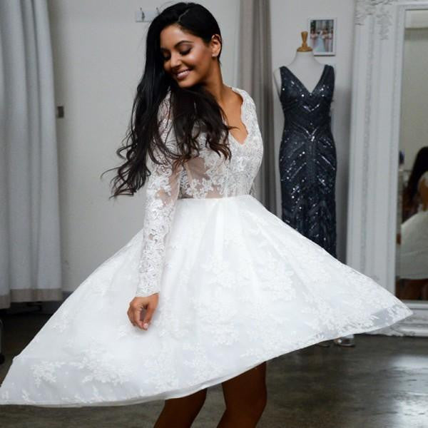 Lace Long Sleeves Short Prom Dress, Open Back Homecoming Party Dress OM411