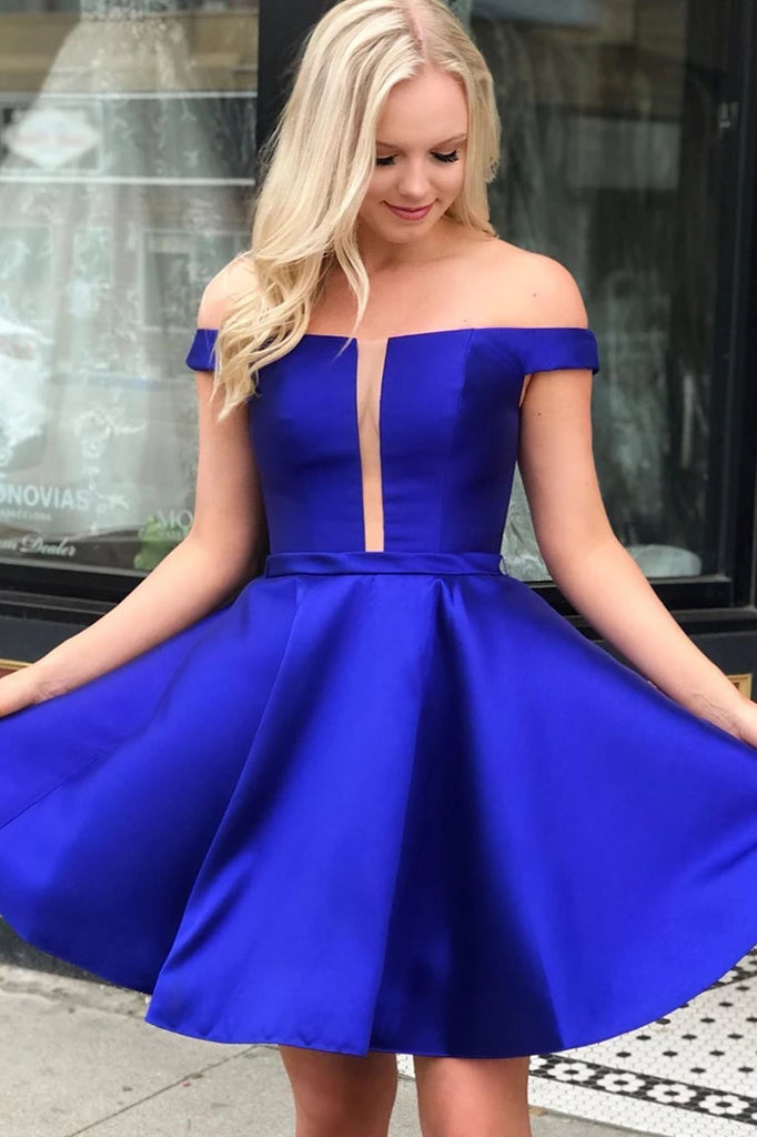 Simple Royal Blue Off-The-Shoulder Short Prom Dress Homecoming Dress