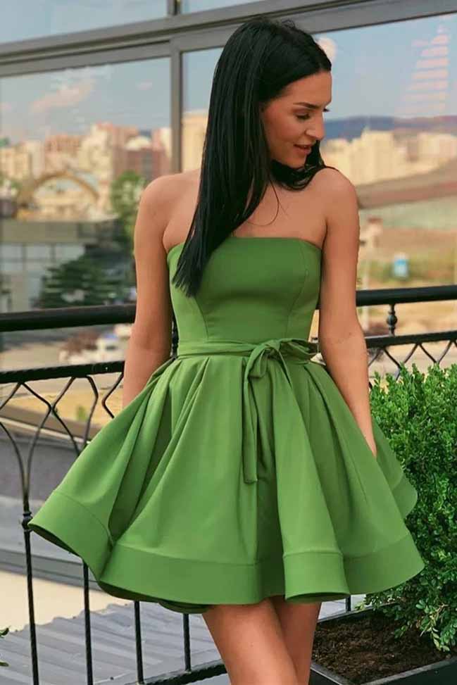 Green Strapless Homecoming Dress Simple Short Prom Dress OM533