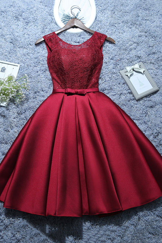 Burgundy Short Evening Dress Satin Lace A-line Short Homecoming Dress Burgundy Short Evening Dress Satin Lace A-line Short Homecoming Dress