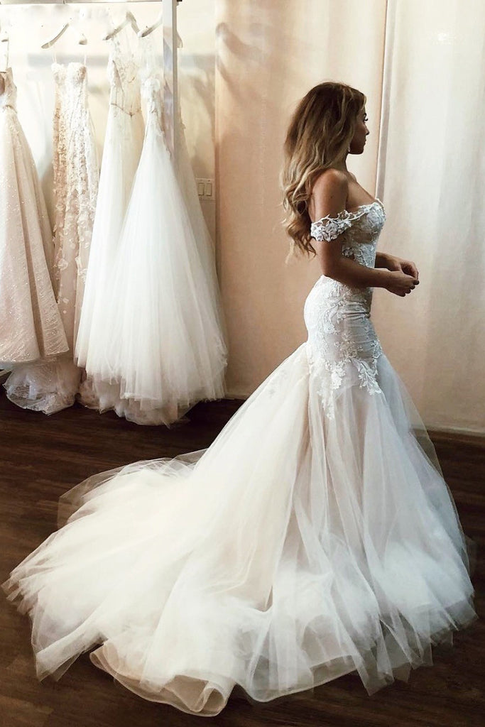 Off Shoulder Mermaid Lace Applique Wedding Dresses With Tulle Skirt OW536