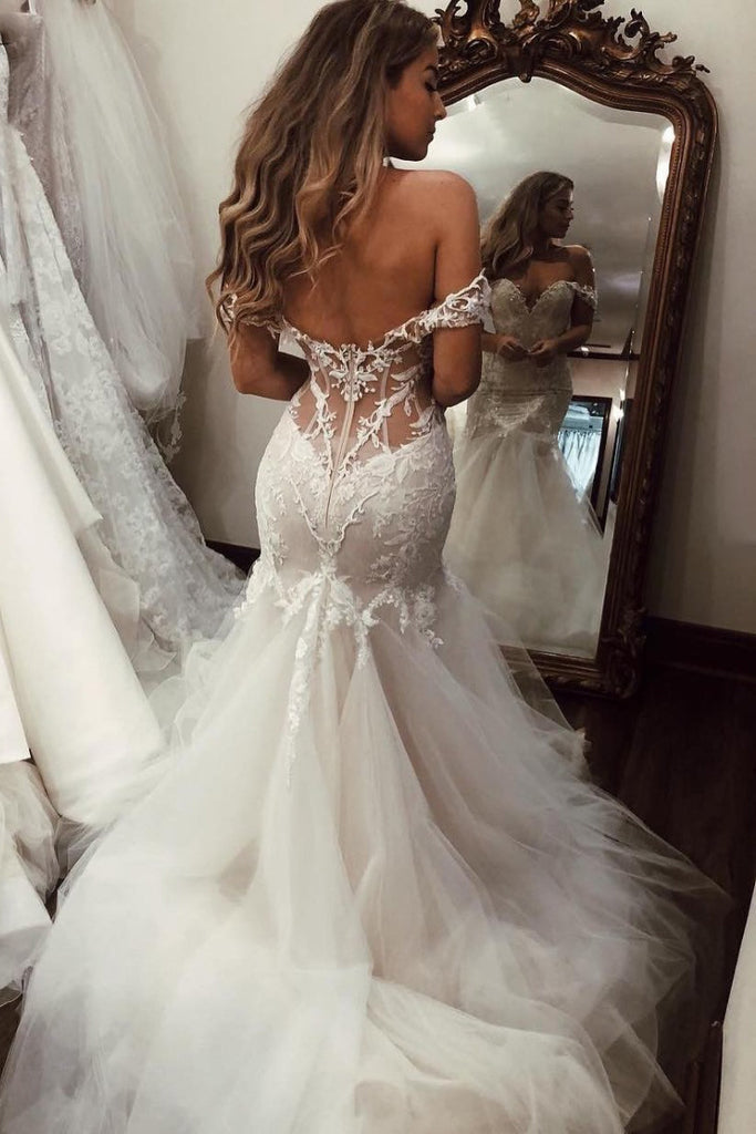 Stunning Off Shoulder Mermaid Lace Applique Wedding Dress With Tulle Skirt OW536