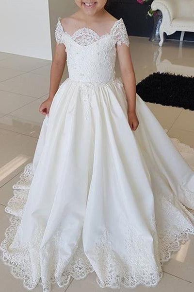 Off-Shoulder Cap Sleeves Long Flower Girl Dress With Lace Appliques OF132