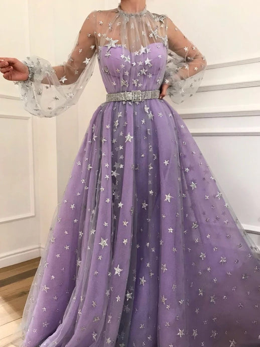 Long Puff Sleeves Starry Night Star Beaded Long Prom Dresses OP871