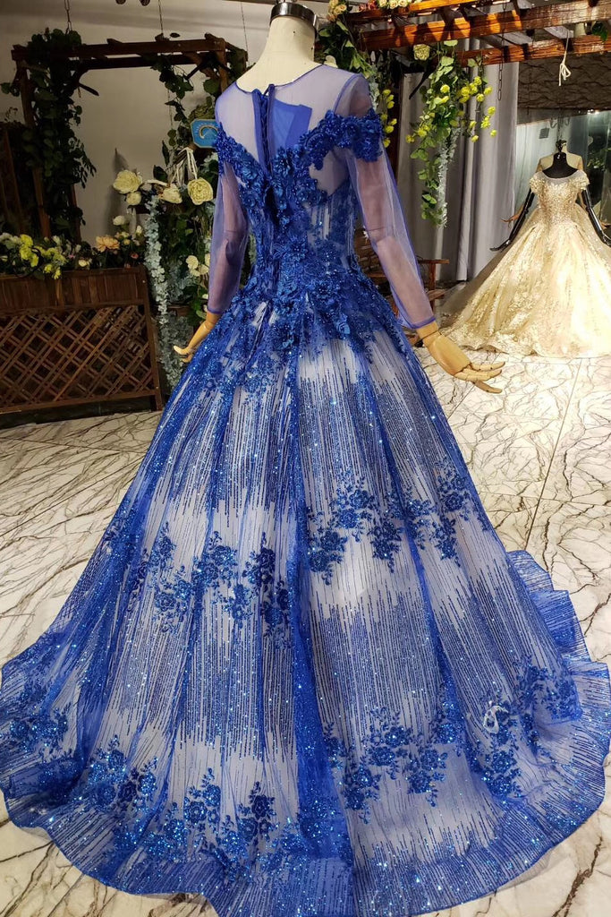 Sheer Neck Tulle Blue Ball Gown Beaded Applique Long Sleeve Prom Dresses OP872
