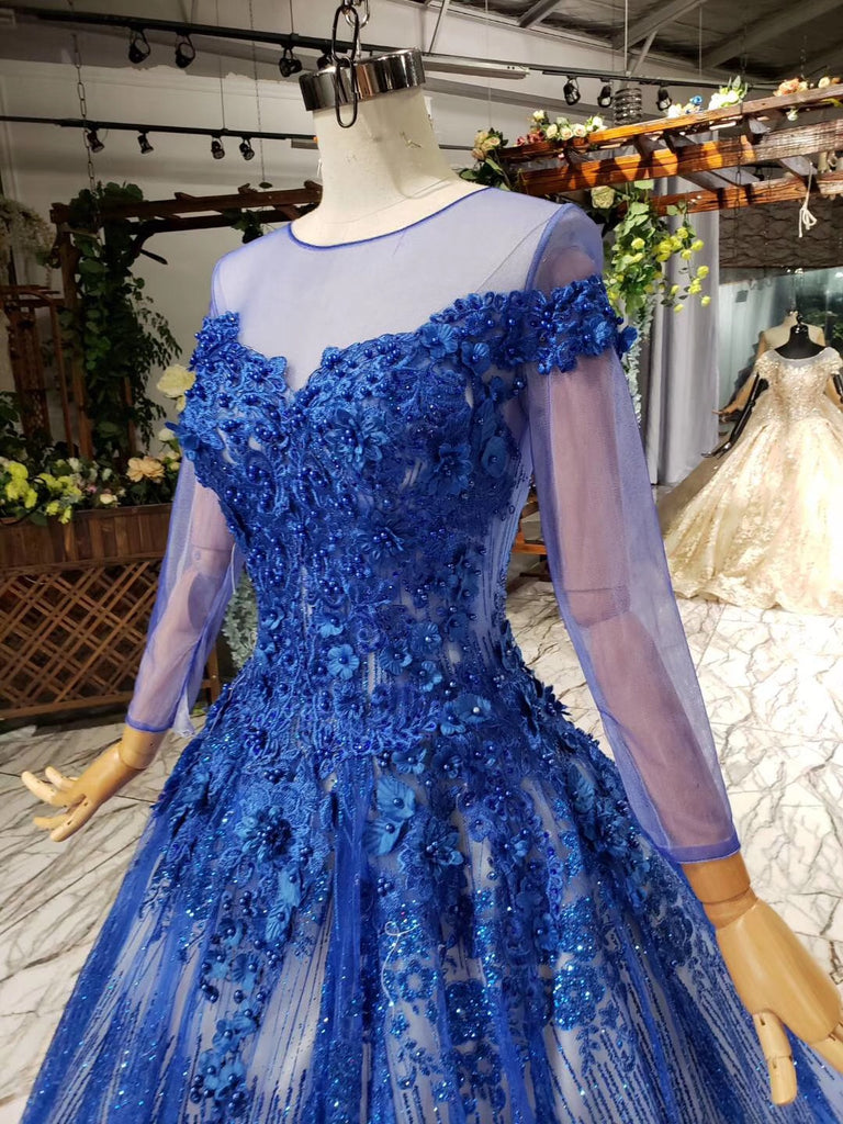 Sheer Neck Tulle Blue Ball Gown Beaded Applique Long Sleeve Prom Dress