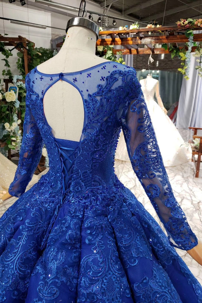 Long Sleeve Prom Dress Sheer Scoop Neck Quinceanera Dress With Beaded Applique OP873