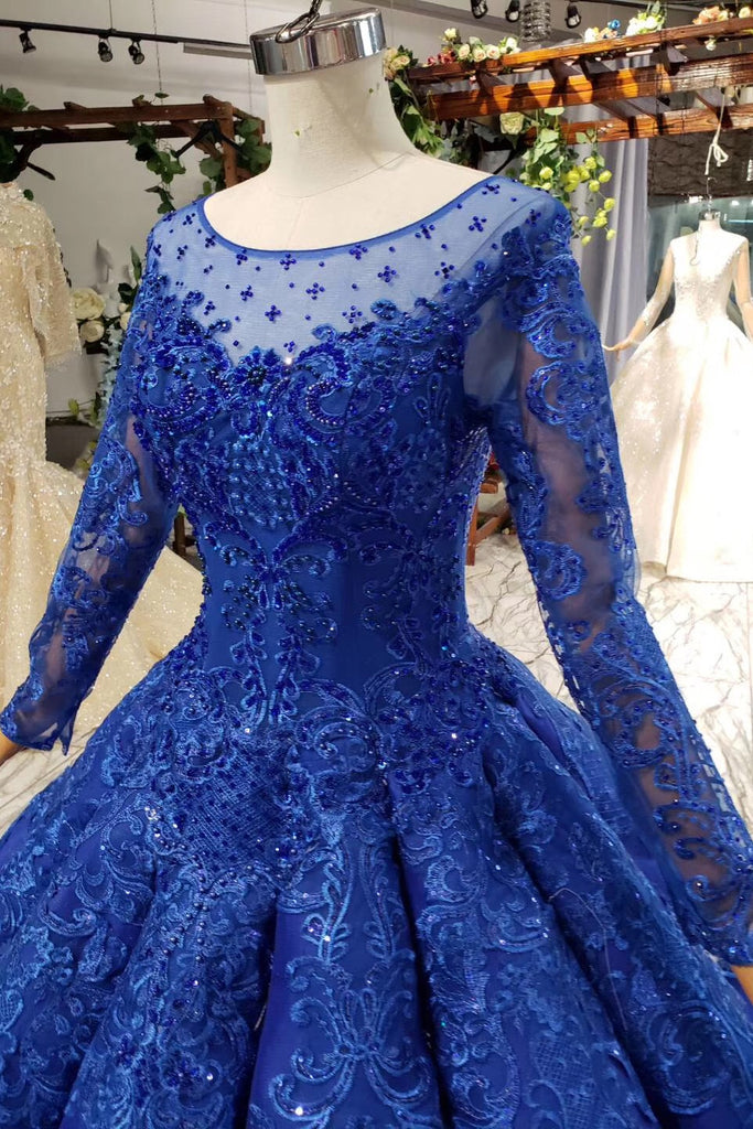 Long Sleeve Prom Dress Sheer Scoop Neck Quinceanera Dress With Beaded Applique OP873
