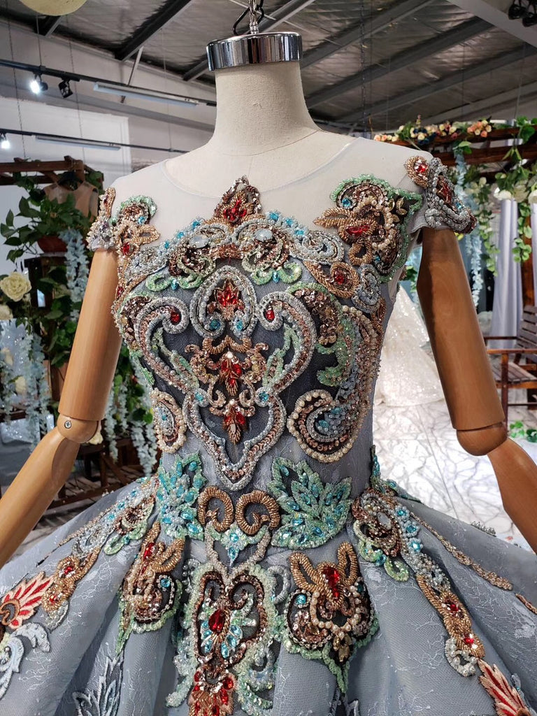 Luxury Cap Sleeve Ball Gown Long Prom Dresses, Appliques Beading Quinceanera Dresses OP874