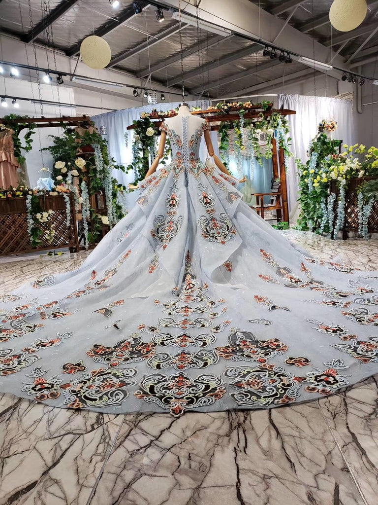 Luxury Cap Sleeve Ball Gown Long Prom Dresses, Appliques Beading Quinceanera Dresses OP874