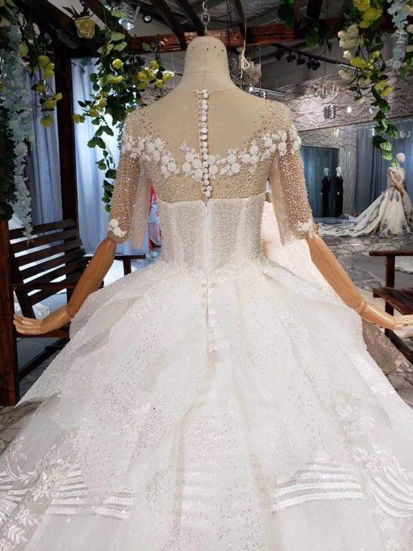Sequins Ball Gown Half Sleeves Quinceanera Dress, Sheer Neck Long Wedding Dress OP876