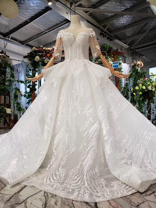 Sequins Ball Gown Half Sleeves Quinceanera Dress, Sheer Neck Long Wedding Dress OP876