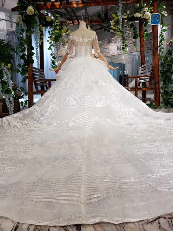 Sequins Ball Gown Half Sleeves Quinceanera Dress, Sheer Neck Long Wedding Dress OP876