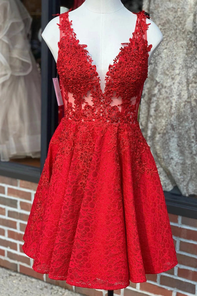 A-line V-Neck Lace Red Homecoming Dress, Short Lace Party Dress OM467