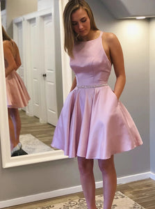 Round Neck Beading Waist Short Pink Homecoming Dress With Pockets OM531