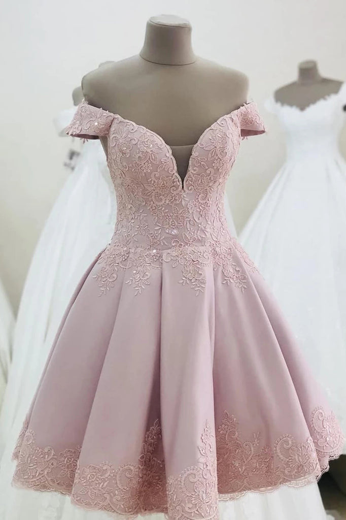 Off Shoulder Pink Short Homecoming Dress with Lace Appliques OM490