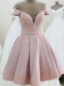 Off Shoulder Pink Short Homecoming Dress with Lace Appliques OM490