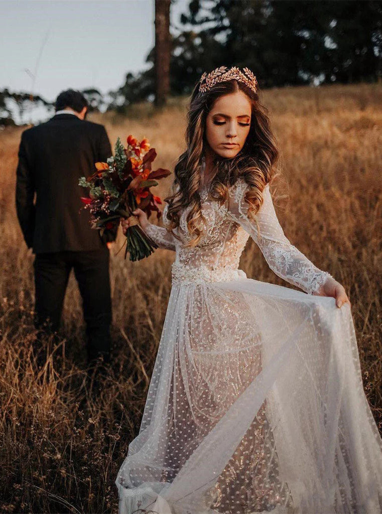 Long sleeve rustic wedding dresses sale