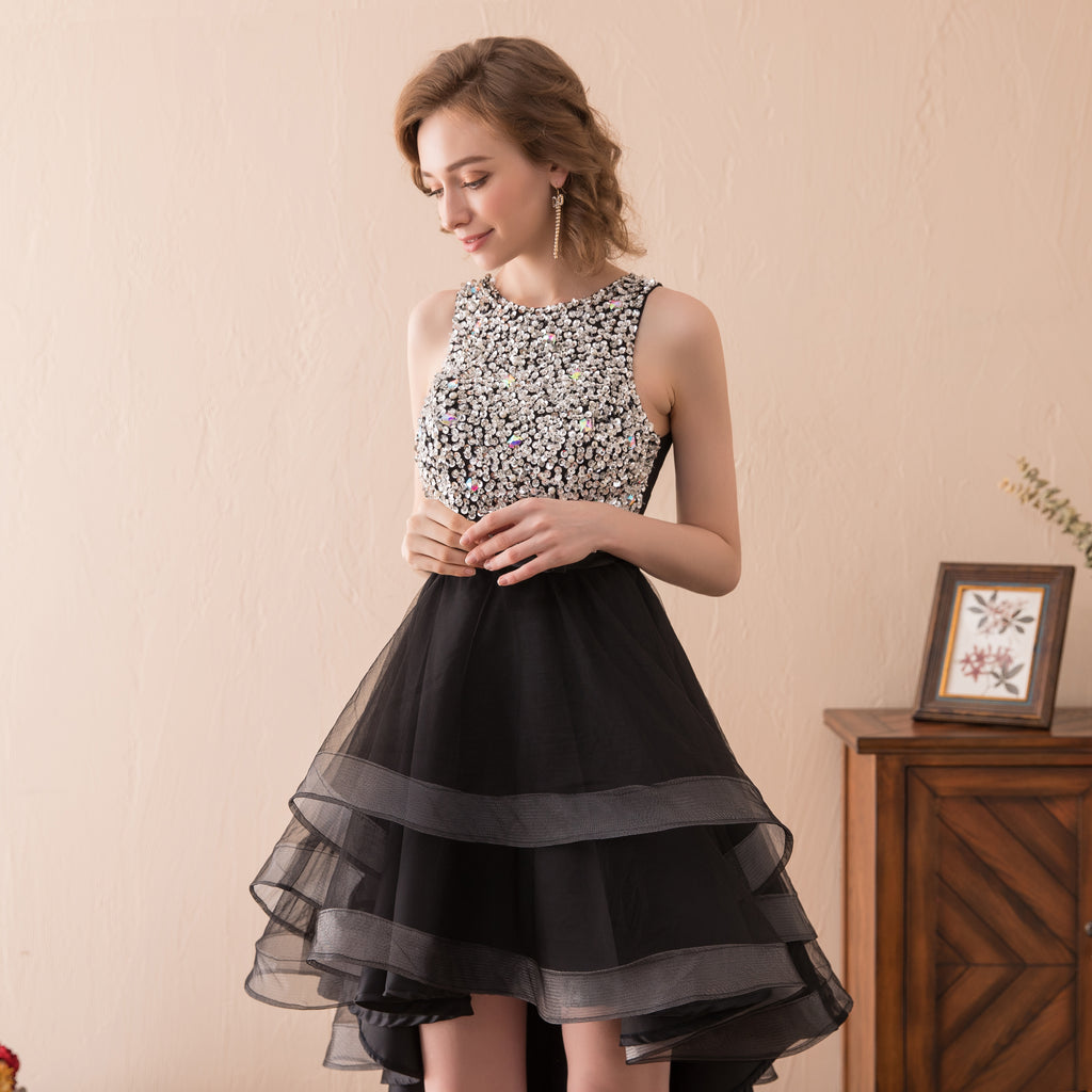 Sleeveless Bateau Black Homecoming Dress With Sequins Short Prom Dress AS17612