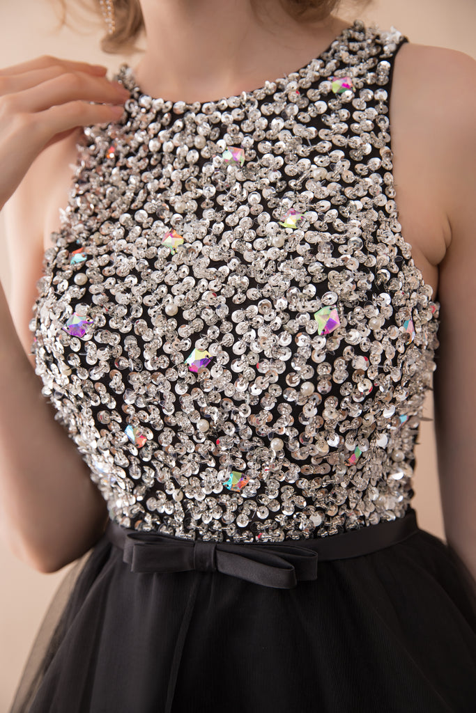 Sleeveless Bateau Black Homecoming Dress With Sequins Short Prom Dress AS17612