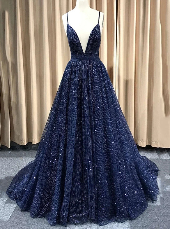 Sparkly Navy Blue Long Prom Dress, Backless Glitter Formal Evening Dre Sparkly Navy Blue Long Prom Dress, Backless Glitter Formal Evening Dre
