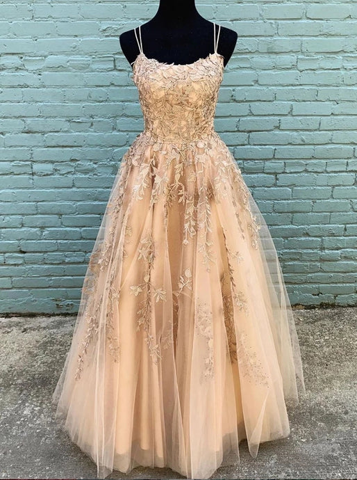 Tulle Scoop Lace Appliques Spaghetti Long Prom Dress OP907