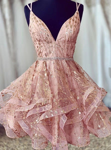Sparkly Pink Sweet 16 Dress V-neck Beaded Short Prom Dress With Lace-up