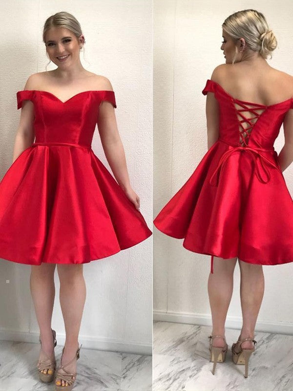 A-Line Satin Off-Shoulder Simple Short Prom Homecoming Dress OM478