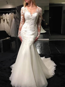 Mermaid V-neck Long Sleeve Appliques Wedding Dress With Sheer Back OW588