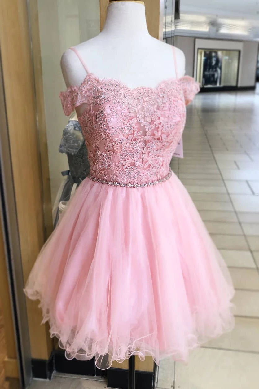 Off Shoulder Pink Homecoming Dress With Beading, Appliques Short Sweet 16 Dress OM466