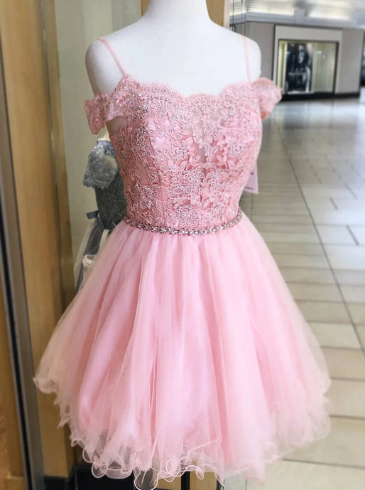 Off Shoulder Pink Homecoming Dress With Beading, Appliques Short Sweet 16 Dress OM466