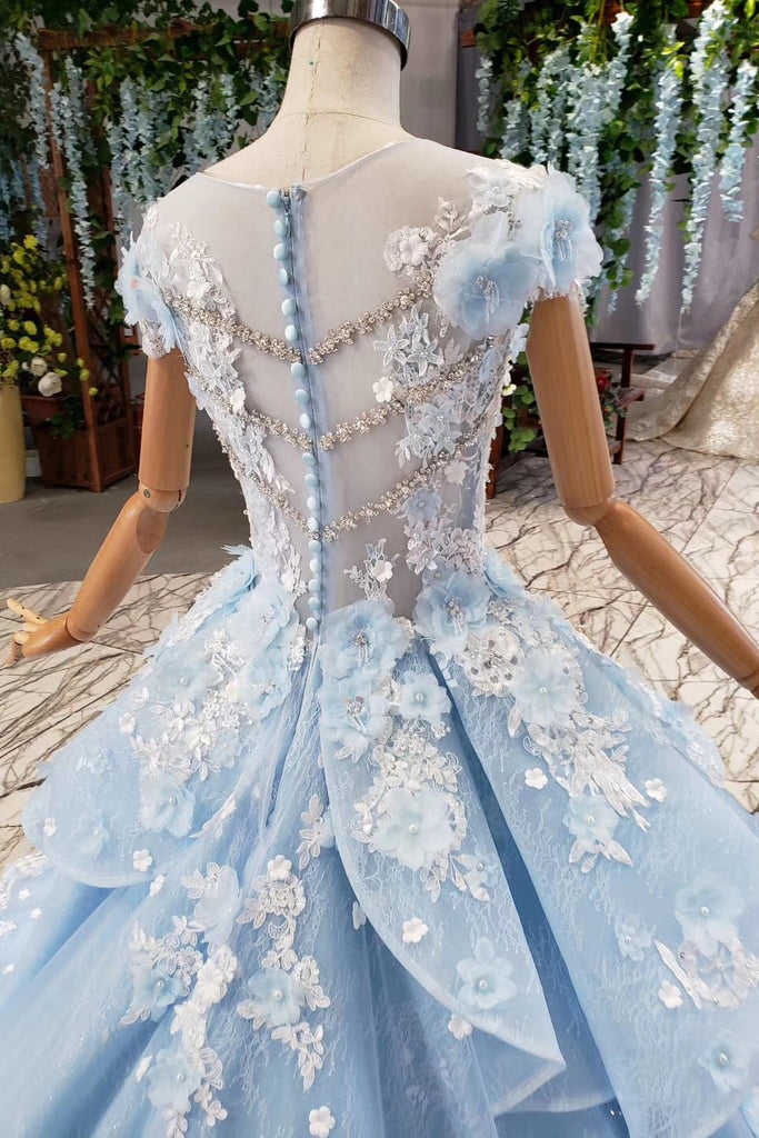 Sky Blue Quinceanera Dresses Ball Gown Vintage Wedding Dress With Appliques Beading PO030