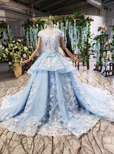 Sky Blue Quinceanera Dresses Ball Gown Vintage Wedding Dress With Appliques Beading PO030