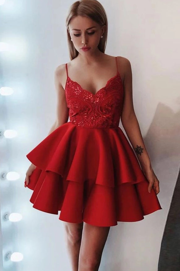 Spaghetti Strap Lace Short Red Homecoming Dress With Satin Ruffled OM506