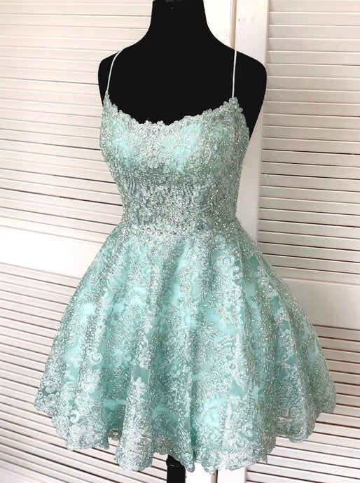 Spaghetti-straps Mint Green Short Lace Backless Homecoming Dresses OM504