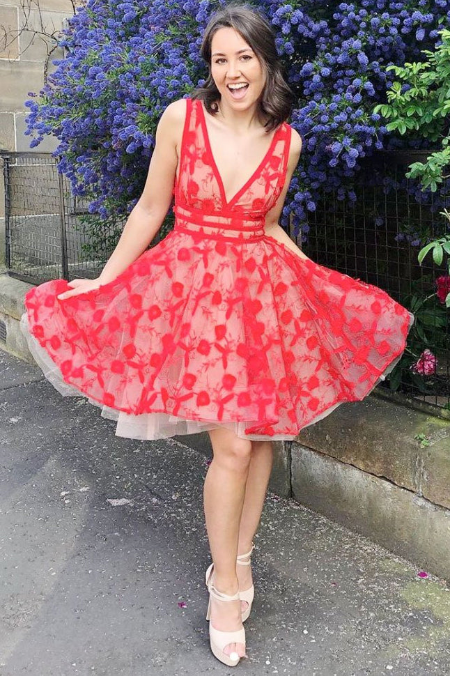 V-neck Lace Red Homecoming Dress Short Prom Dress OM521