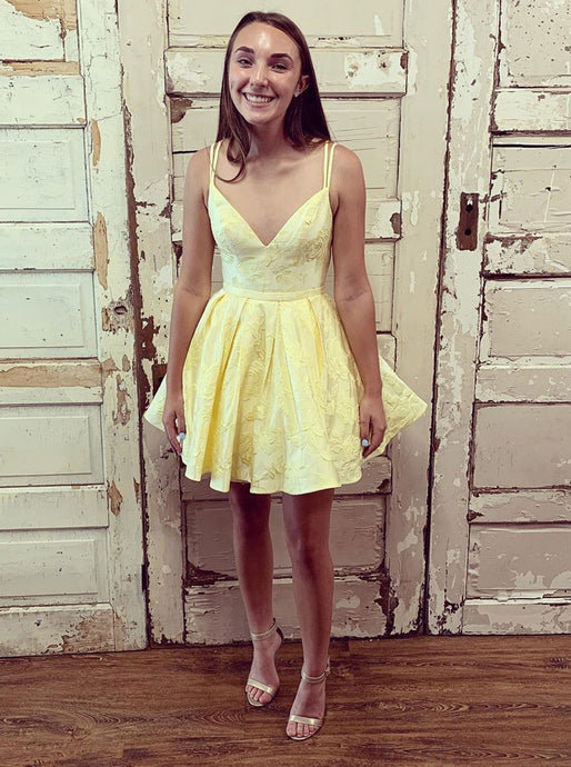Double Straps V-neck Yellow Short Prom Dress Homecoming Dress OM518