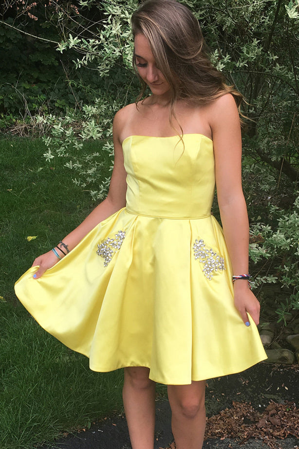 Daffodil Strapless Short Homecoming Dress With Beading Pockets OM523