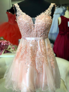 Cute A-line Short Pink Homecoming Dress With Lace Appliues OM495